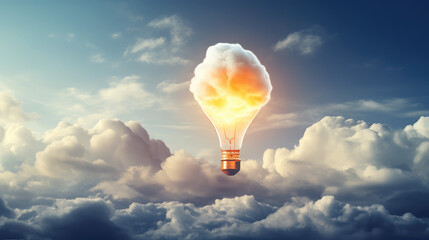 Lightbulb hot air balloon flying through the sky with fluffy clouds. Creative concept of idea, startup, innovation.  - obrazy, fototapety, plakaty