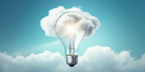 Lightbulb hot air balloon flying through the sky with fluffy clouds. Creative concept of idea, startup, innovation, cartoon style. 