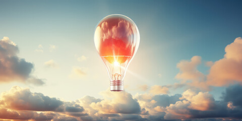 Fototapeta premium Lightbulb hot air balloon flying through the sky with fluffy clouds. Creative concept of idea, startup, innovation. 