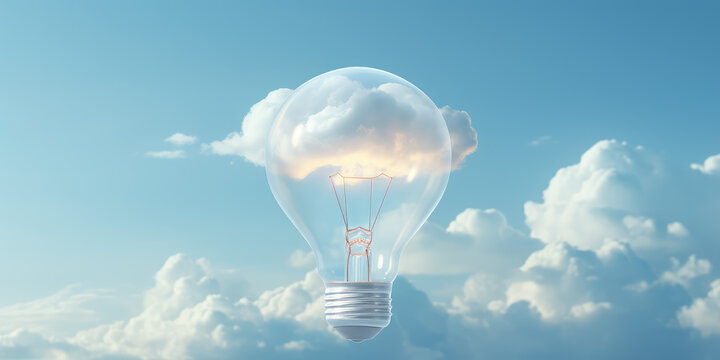 Lightbulb hot air balloon flying through the sky with fluffy clouds. Creative concept of idea, startup, innovation. 