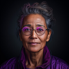 Fototapeta na wymiar Femme d'une cinquantaine d'années avec des lunettes, portrait sur fond gris