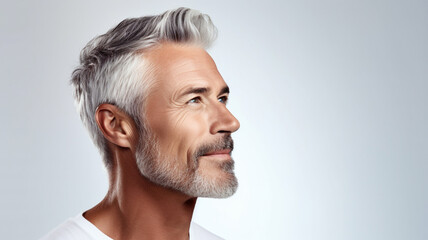 Obraz premium side view Attractive gorgeous mature older man looking at camera isolated on white background advertising skincare spa treatment. Mid age tightening face skin care rejuvenation cosmetics concept.