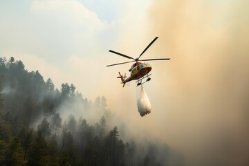 Fototapeta na wymiar Fire fighting helicopter carry water bucket to extinguish the forest fire. A helicopter dropping water