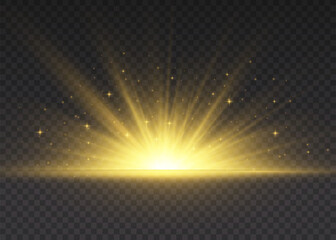 Fototapeta na wymiar Yellow glowing lights sun rays. Flash of sun with rays and spotlight. The star burst with brilliance. Special lights effect isolated on transparent background. Vector illustration