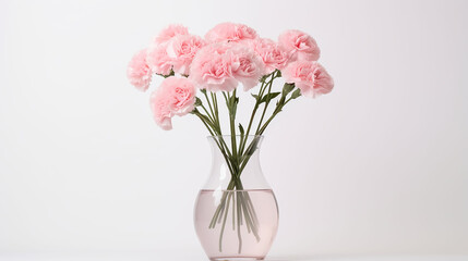pink tulips in vase on white.