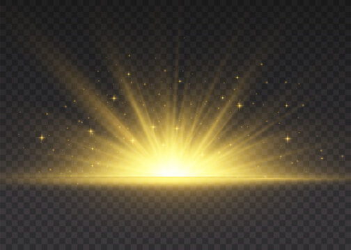 Yellow glowing lights sun rays. Flash of sun with rays and spotlight. The star burst with brilliance. Special lights effect isolated on transparent background. Vector illustration