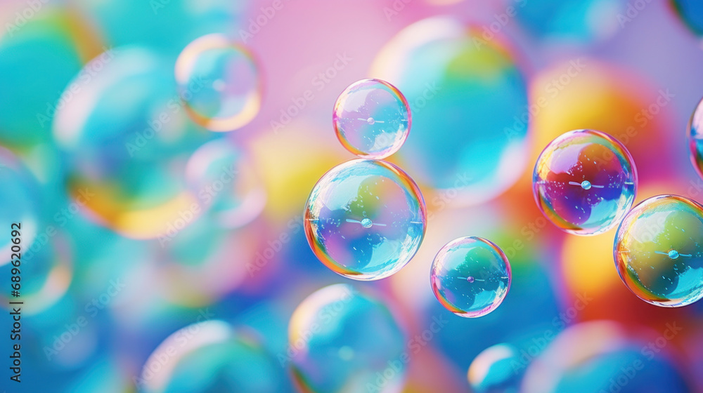 Poster colorful soap bubbles on colorful background. shallow depth of field.