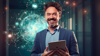 Connectivité professionnelle : Homme d'affaires devant une tablette, enveloppé dans un nuage de données connectées - obrazy, fototapety, plakaty