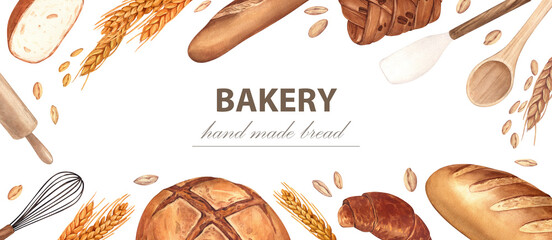 Bakery of wheat flour product. Bread, loaf of rye and french baguette, buns, croissant and wooden rolling pin. Watercolor frame hand-drawn illustration isolated on white background. - obrazy, fototapety, plakaty