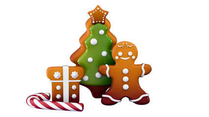 3d gingerbread man, gingerbread tree, gift and candy Merry Christmas and Happy New Year Holiday Xmas