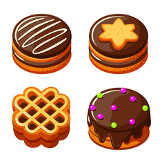 Set of chocolate sandwich cookies with filling isolated on white background. Chocolate desserts in cartoon style. Vector cartoon illustration in eps 10