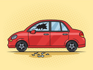 car with a broken window pinup pop art retro hand drawn vector illustration. Comic book style imitation.