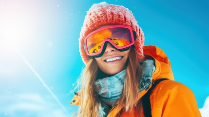 Portrait of smiling female skier with goggles on blue sky background on sunny winter day. Woman with ski goggles and colorful clothing. Fashion winter vacations concept. - Powered by Adobe
