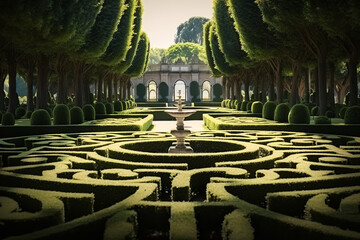 Intriguing royal garden maze with lush hedges - embodying the mystery and beauty of aristocratic...