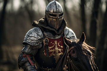 Noble royal knight in full armor riding a horse - epitomizing bravery and honor from the medieval era. - obrazy, fototapety, plakaty