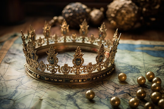 Historic king's crown resting on an ancient map, symbolizing conquest and rule, reflecting the global reach of a regal monarchy