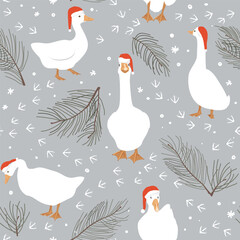 Seamless pattern of geese and geese paws imprints. Winter background with snow and pine branches. Vector illustration in cartoon style