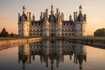 Fototapeta na wymiar Grand castle bathed in sunrise - symbolizing historical royal elegance - showcasing serene yet powerful royal heritage.