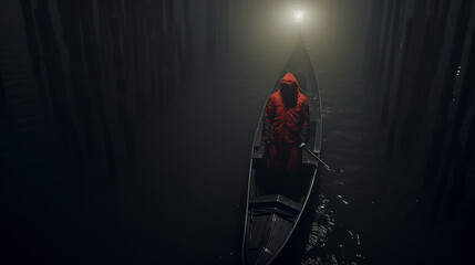 Faceless gondolier at night in red clothes - obrazy, fototapety, plakaty