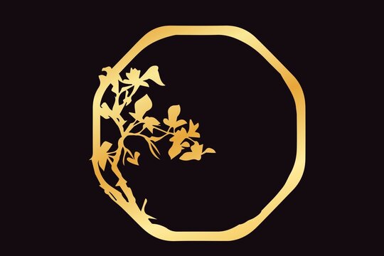 Golden vector floral vintage frame, octagonal golden frame