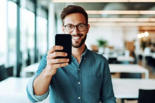 Business man recommending a mobile phone. Happy business man holding up a smartphone with a blank screen while standing in an office.