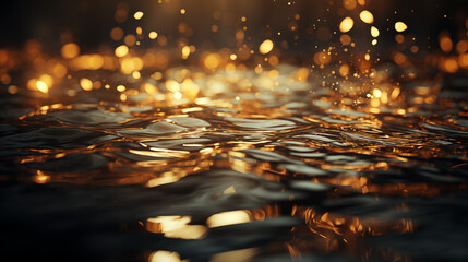 Golden waves. Dark golden theme background with golden liquid and reflection - obrazy, fototapety, plakaty