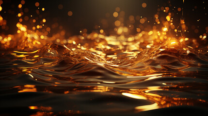 Golden waves. Dark golden theme background with golden liquid and reflection