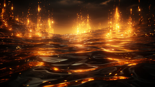 Golden waves. Dark golden theme background with golden liquid and reflection