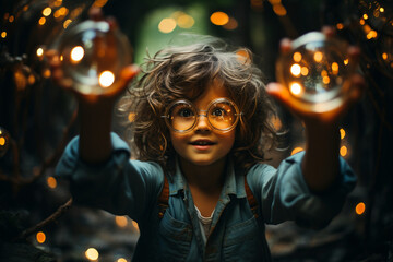 Frame a shot of the child engaged in imaginative play, with the glasses acting as a portal to their creative world, creating a photo that portrays the glasses as a tool for unlocki - obrazy, fototapety, plakaty