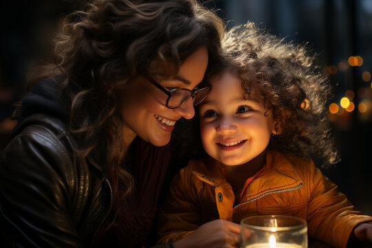 Photograph a tender moment between the child and a loved one, with the reflection in the glasses capturing the emotions and connection, turning the glasses into a symbol of love an