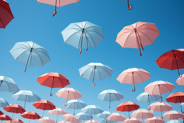 Fototapeta na wymiar group of umbrellas soaring against a clear blue sky, symbolizing a sense of freedom and liberation. Use dynamic angles to convey movement and create a photo that celebrates the joy