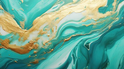 Luxury gold turquoise with gold liquid paint background. Close up glossy texture. Mix color liquid splashes