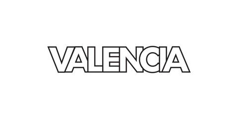 Valencia in the Spain emblem. The design features a geometric style, vector illustration with bold typography in a modern font. The graphic slogan lettering.