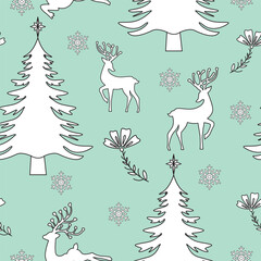Seamless pattern with Christmas trees, snow, flowers and flat images of deer.