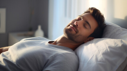 Fototapeta na wymiar Man sleeping on a comfortable bed in morning rest for healthy wellness and relaxing in the morning