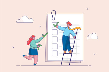 Project management concept. Finishing todo list, work checklist or accomplishment, teamwork to get work done, complete plan, businessman coworkers help put checkmark on checkbox task list clipboard.