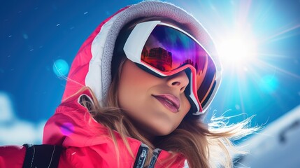 Portrait of smiling female skier with goggles on blue sky background on sunny winter day. Woman with ski goggles and colorful clothing. Fashion winter vacations concept. - obrazy, fototapety, plakaty