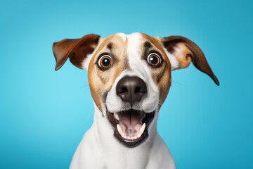 Portrait of Funny and Excited Dog on blue Background with Shocked, Surprised Expression