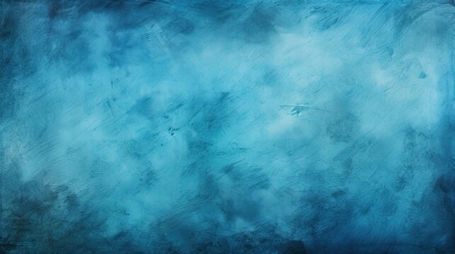 A blue wall with a texture. Dark blue vignette on the bottom and top. Cracks and stains. Abstract background for web design