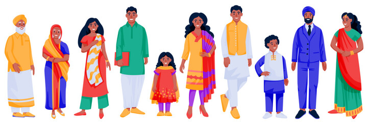 Indian people in traditional clothing set. Vector cartoon characters illustration. Family, kids, seniors, men and women