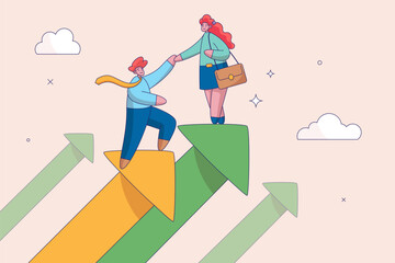 Leadership or support to grow business or career. Business mentor, coaching or consult to help success, advice and trust to help improve, businessman mentor help coworker to climb growth arrow chart.
