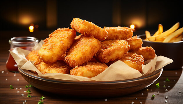 Chicken nuggets in cardboard box food delivery service. Fried chicken legs in cardboard box package fast food take away delivery illustration. Crispy appetizing golden poultry limbs hot crunchy nugget