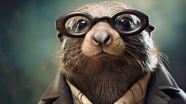a beaver in an expensive jacket and glasses on a green background