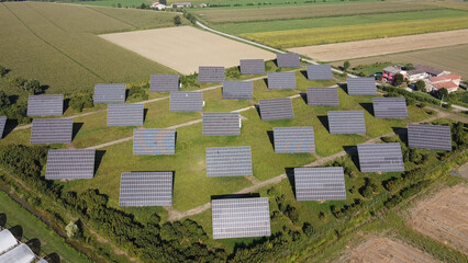 Solar energy farm drone view photo aerial