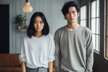 Unhappy asian young couple. Problems in relationships. Sad unhappy cheerless young woman standing near her boyfriend, feeling depressed - obrazy, fototapety, plakaty