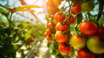 Ripe red tomatoes cluster in greenhouse. Vegetable on organic farm concept . Generative AI