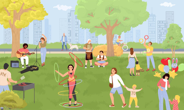 Busy park with street performers, people resting and walking vector illustration