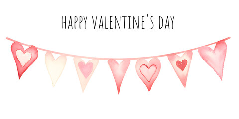 Fototapeta na wymiar Watercolor Valentine's Day heart bunting. Valentine ribbons. Valentine banner. Heart shaped garland