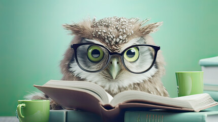 The concept  wisdom - a wise owl with glasses reads a book