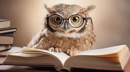 A smart owl with glasses on a colored background reads a book
